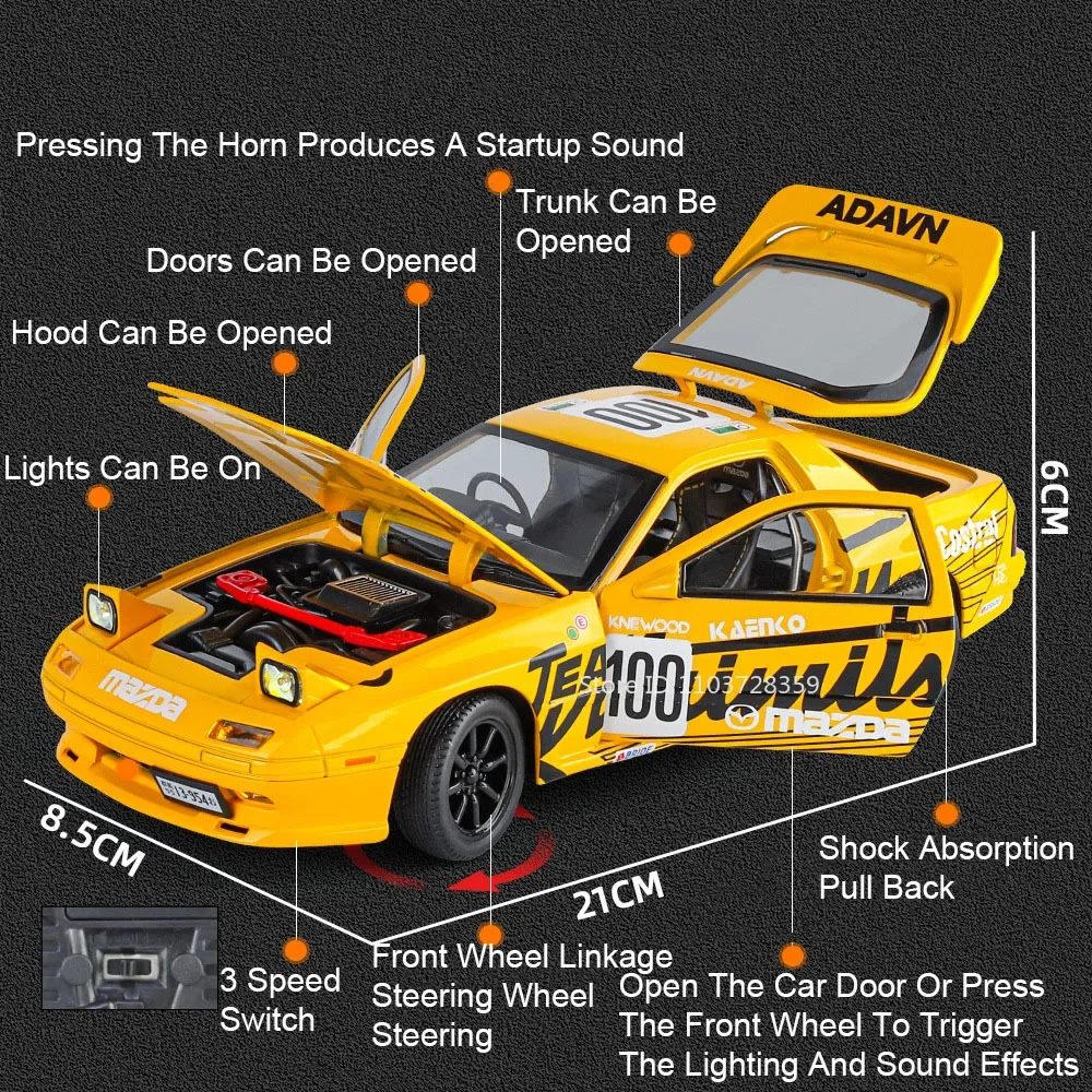 1:24 RX7-FC Model Toy Sports Cars Alloy Diecast Miniature RX7 Supercar Sound Light Doors Opened Pull Back Vehicle Toys Kid Gifts