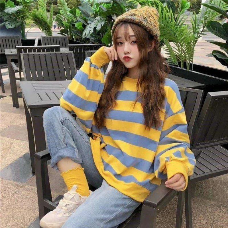 

Asymmetrical Striped Contrast Lazy Style Tops Women Clothing Long Sleeve Plus Size Casual T Shirts Fashion Korean Spring Autumn