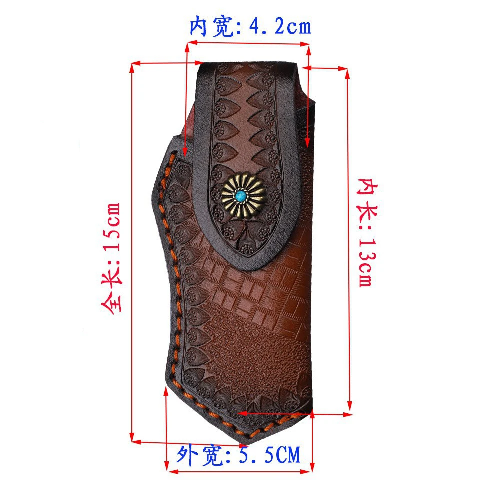Carved pattern two-layer cowhide knife cover, folded handmade knife storage leather cover, outdoor knife shell