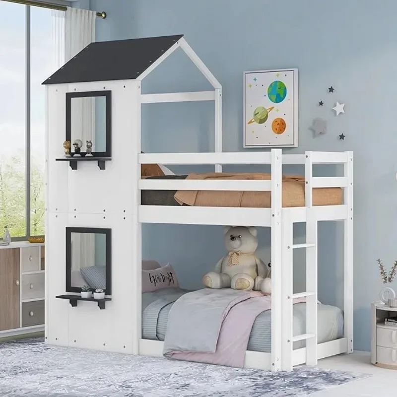 

Twin Low House Bunk Bed Wood Frame with Roof Window Guardrail Kids Teens No Box Spring White, Customized