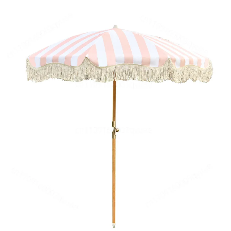Striped Fringe Beach Umbrella Portable Outdoor Patio Garden Sun Parasol Anti UV Tiltable Sun Shade Umbrella Metal Switch