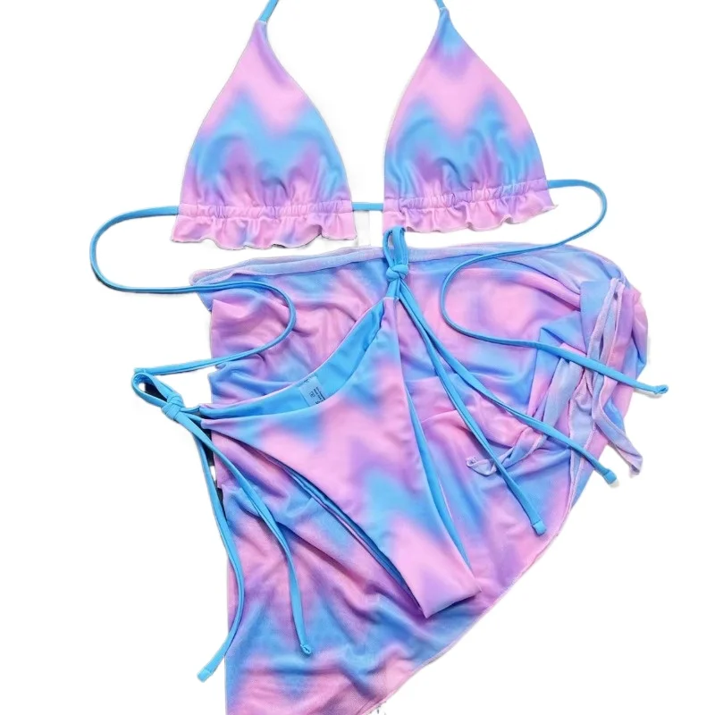 Women Beach Sports Gradual Change Color Gauze Skirt Swimsuit Bikini Three-piece Set Youthful Vitality Color Bright Beach Clothes