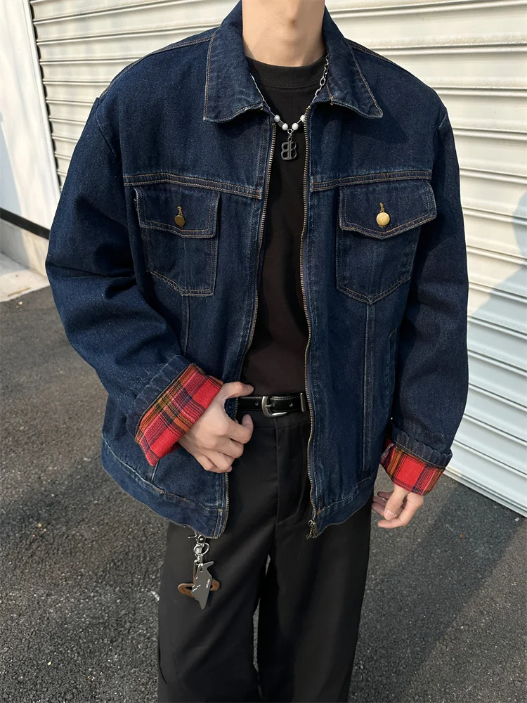 

American Retro Denim Jaet Men's Loose Fit Plaid Splicing Turn-down Collar Jaet Street Sle Couple's Spring Faion