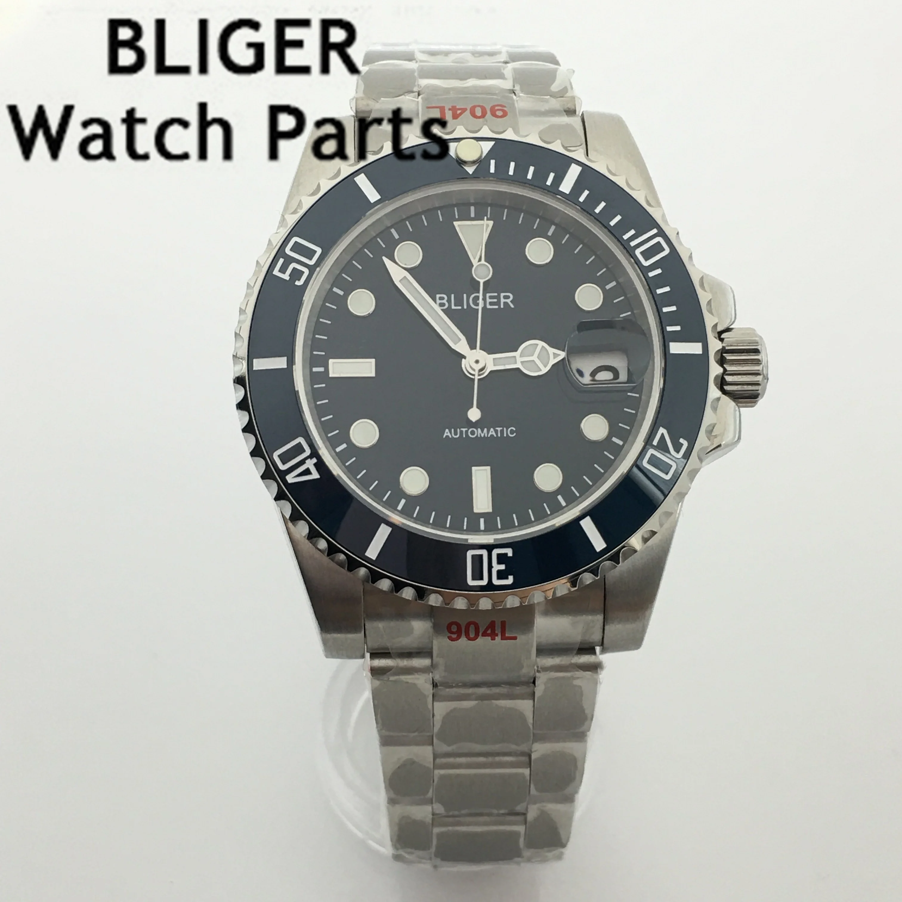 

BLIGER 40mm Watch Men NH35 Automatic Mechanical Wristwatch Fluorescent Blue Black Dial Super Full Luminous Case Date