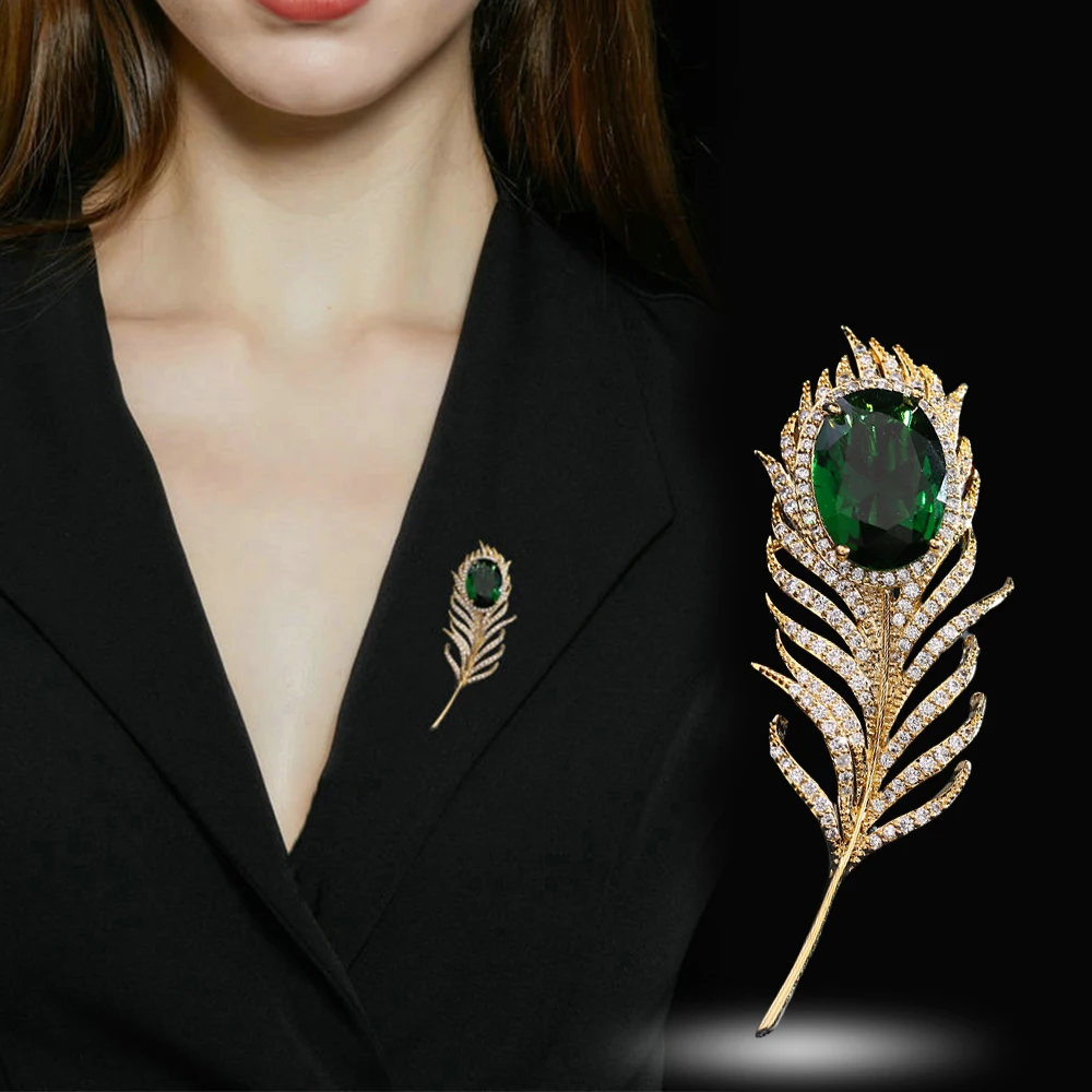 Luxury Crystal Feather Brooch Temperament Green Zircon Brooches Pin For Women Sweater Coat Hat Jewelry Decor Party Accessories