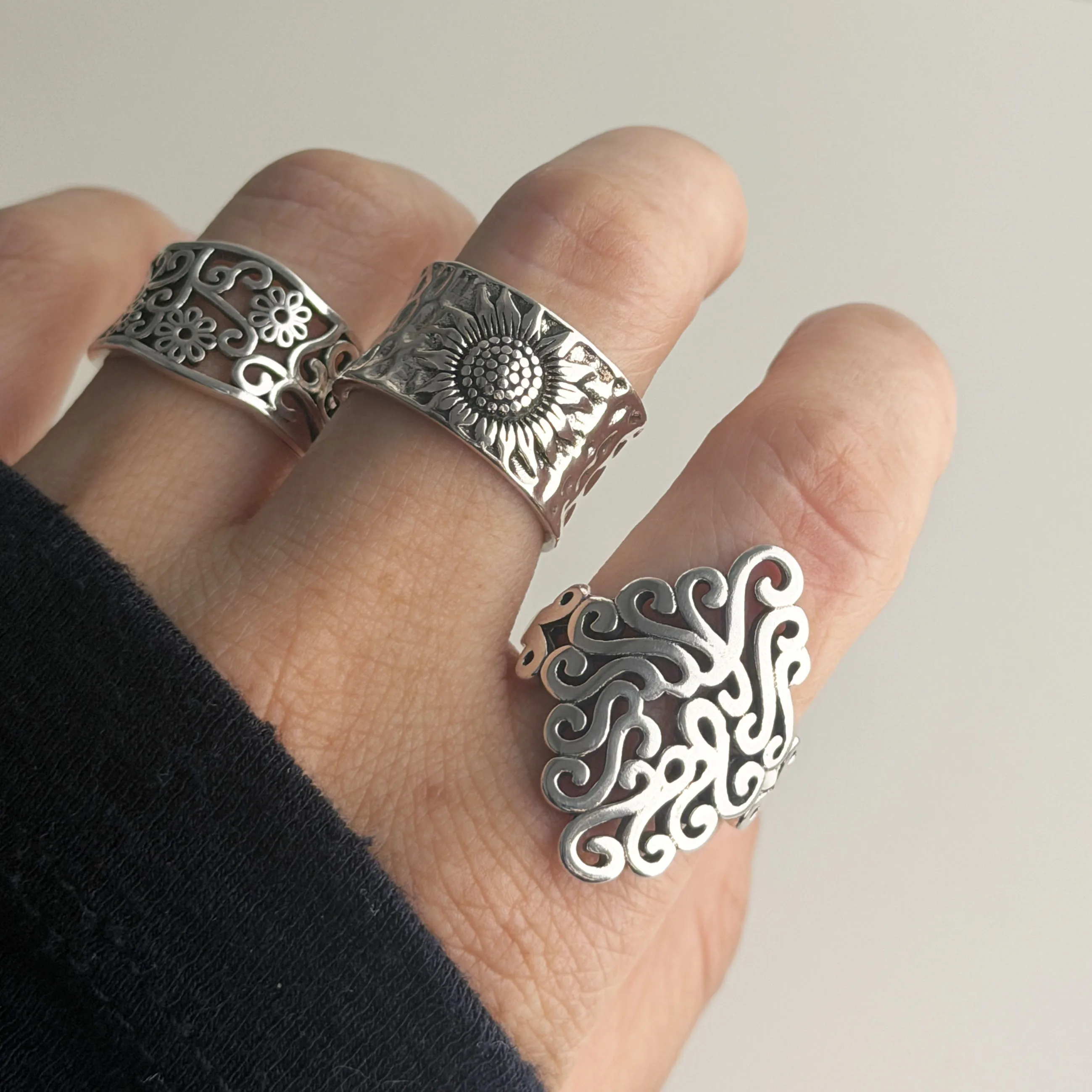 BF CLUB 925 Sterling Silver Ring For Women Jewelry Retro Flower Open Vintage Handmade Ring Allergy For Party Birthday Gift