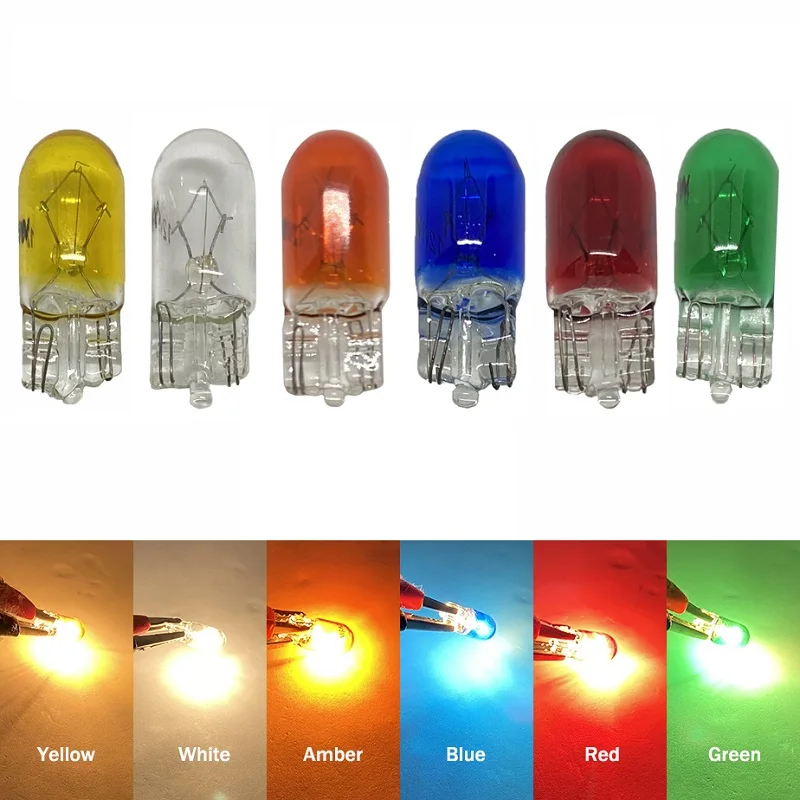10X White T10 W5W 501 194 Clear Signal Lamp Glass 12V 5W Warm White Red W2.1x9.5d Single Filament Car Bulb Auto Light Halogen