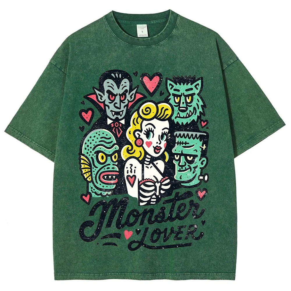 Men Halloween Monster Lover Graphic Print Vintage Washed Short Sleeve T Shirt Crew Neck Casual Oversized Top Gothic Streetwear