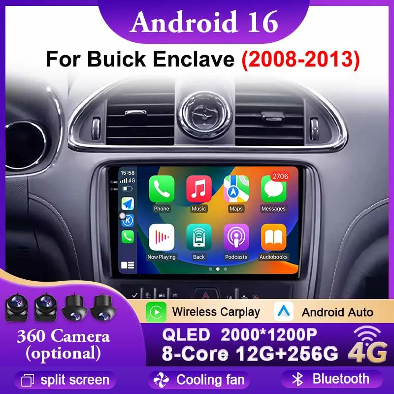 Android 16 Car Radio For Buick Enclave 2008-2013 360 Camera Multimedia Head Unit QLED Carplay Player GPS Navigation Stereo DSP