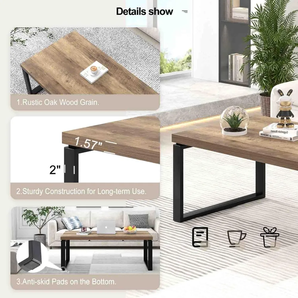 Coffee Table, Modern Wood and Metal Living Room Table, Industrial Rectangle Center Table for Home Office, Rustic Oak, 47 Inch