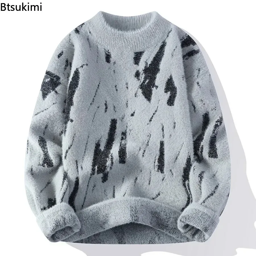 

2026 Men's Autumn Winter Knitted Warm Sweaters Trend Half High Collar Color Block Pullover Men Loose Casual Thicken Sweater Tops