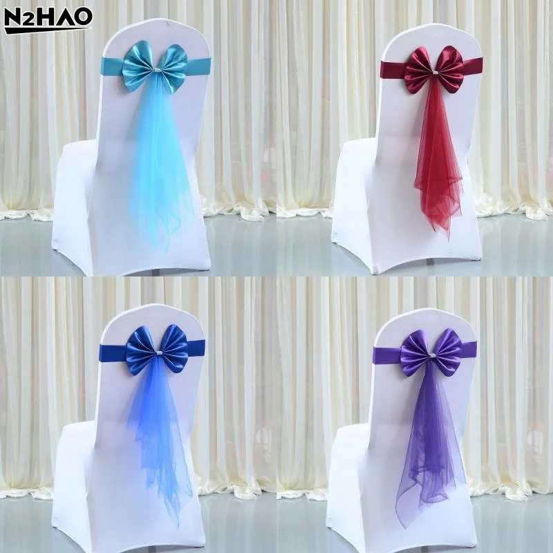 Chair Back Decoration Elegant Stretch Chair Bow Organza Ribbon Chair Decor For Birthday Hotel Wedding Accessories