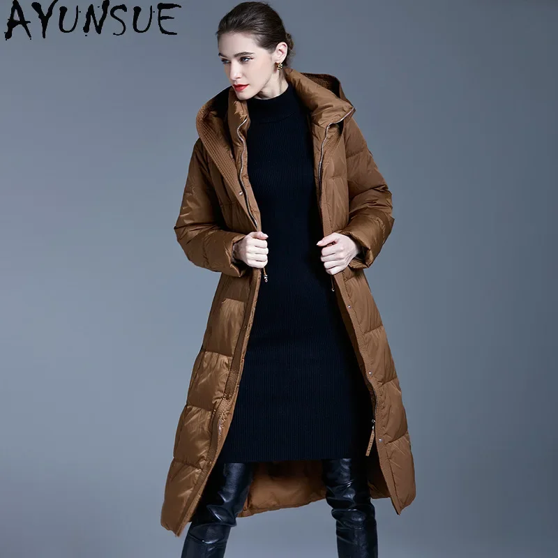 AYUNSUE White Duck Down Puffer Jacket Women Fashion Long Down Coats with Hood Winter Luxury Clothes Loose Fit 2024 Пуховики