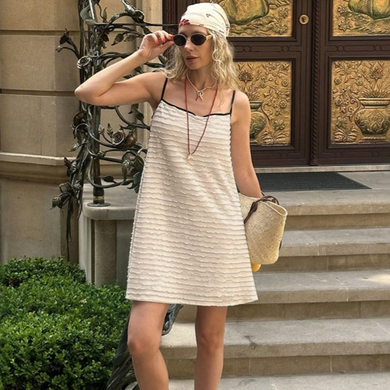 

Tsiisd Casual Knit Spaghetti Strap Mini Dress For Women Backless Loose Lace-Up Textured Streetwear Patchwork 2026 Female Dress