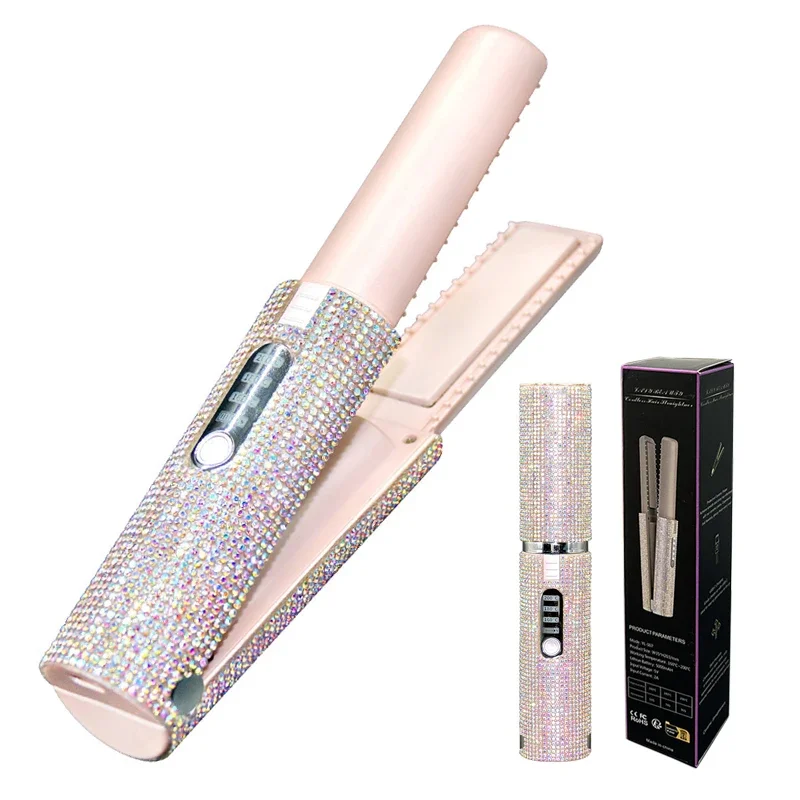 2-IN-1 Electric USB Hair Straightener Curler Fashion Colored Diamond  Design Wireless Travel Hair Straightening Styler Brush