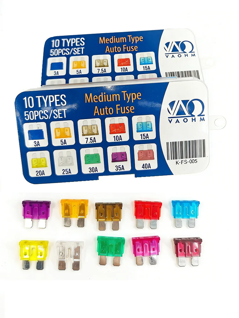 Набор автомобильных предохранителей среднего типа, 10 типов, 50 шт., 3А, 5А, 7.5А, 10А, 15А, 20А, 25А, 30А, 35А, 40А