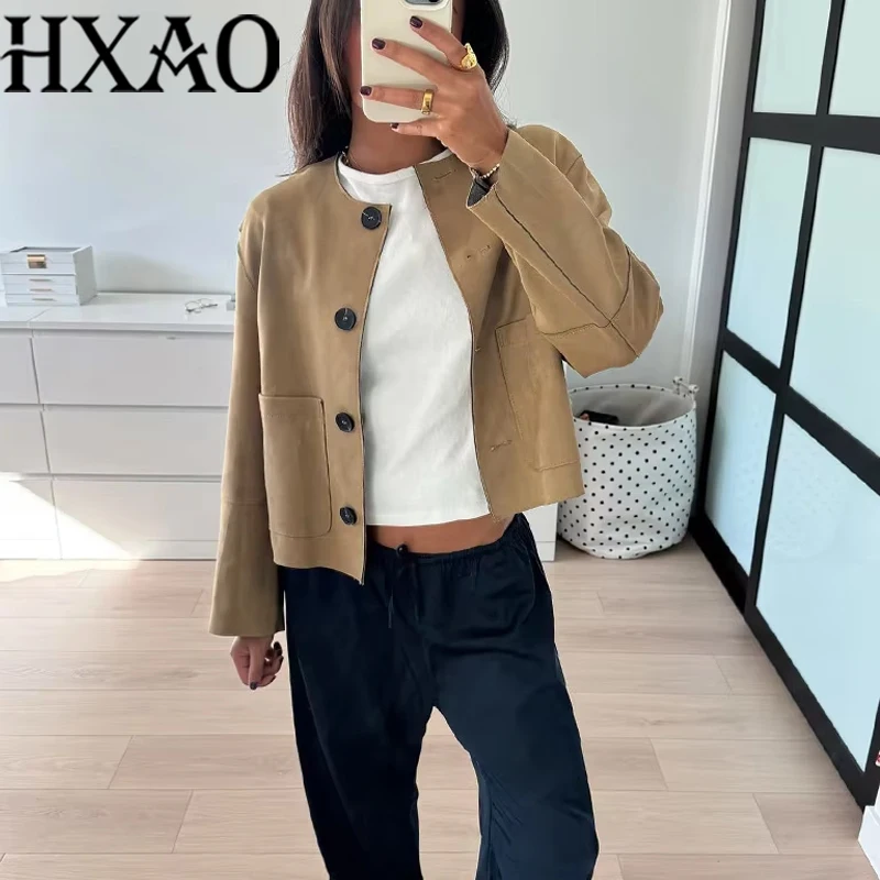 

HXAO Khaki Fleece Jacket Outerwears 2024 Women Autumn Winter Long Sleeve Varsity Jacket Coat Ladies Fashion Casual Office Jacket