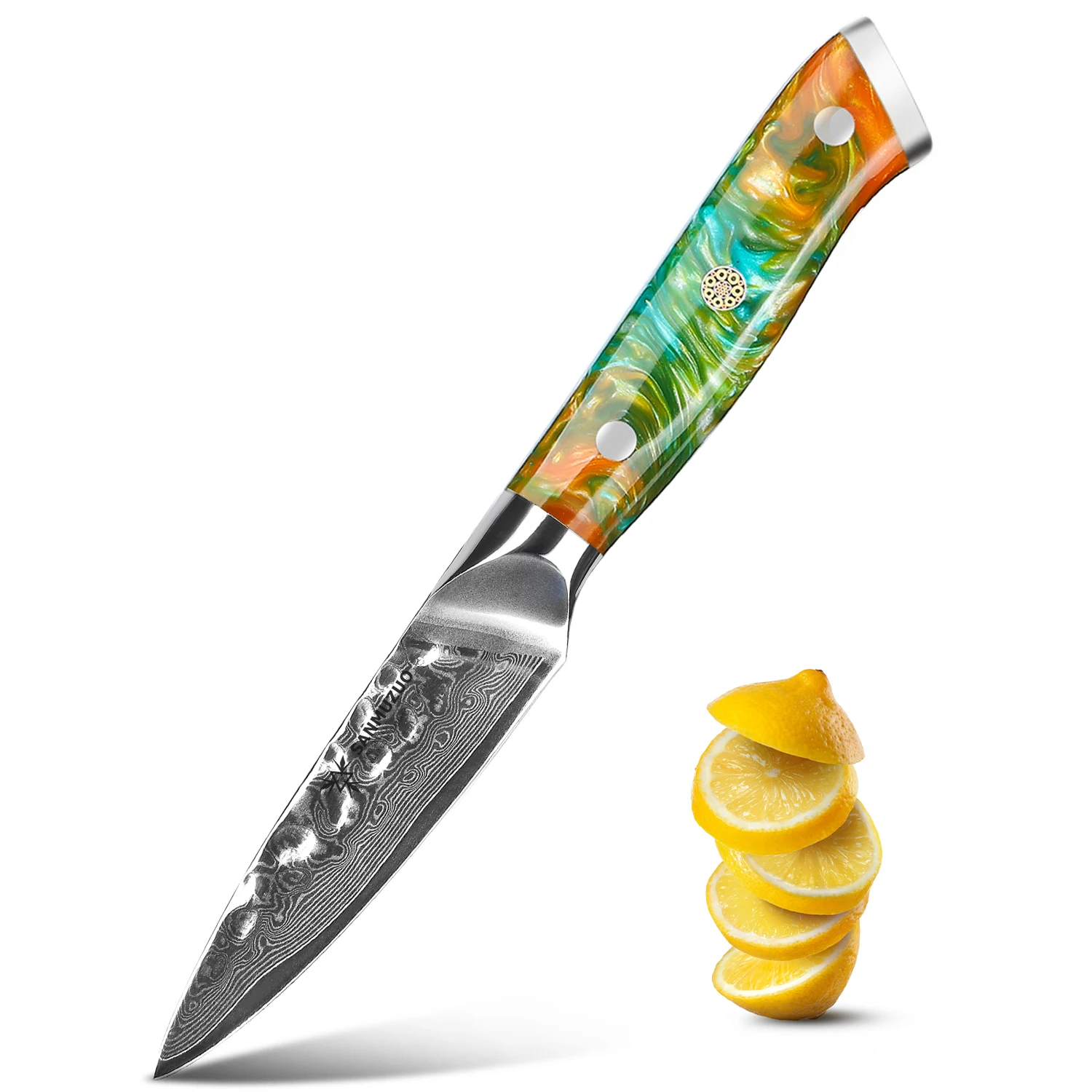 SANMUZUO 3.5 Inch Paring Knife - Fruit and Vegetable Peeling Knives, Forged Damascus Steel & Resin Handle - Yao Series