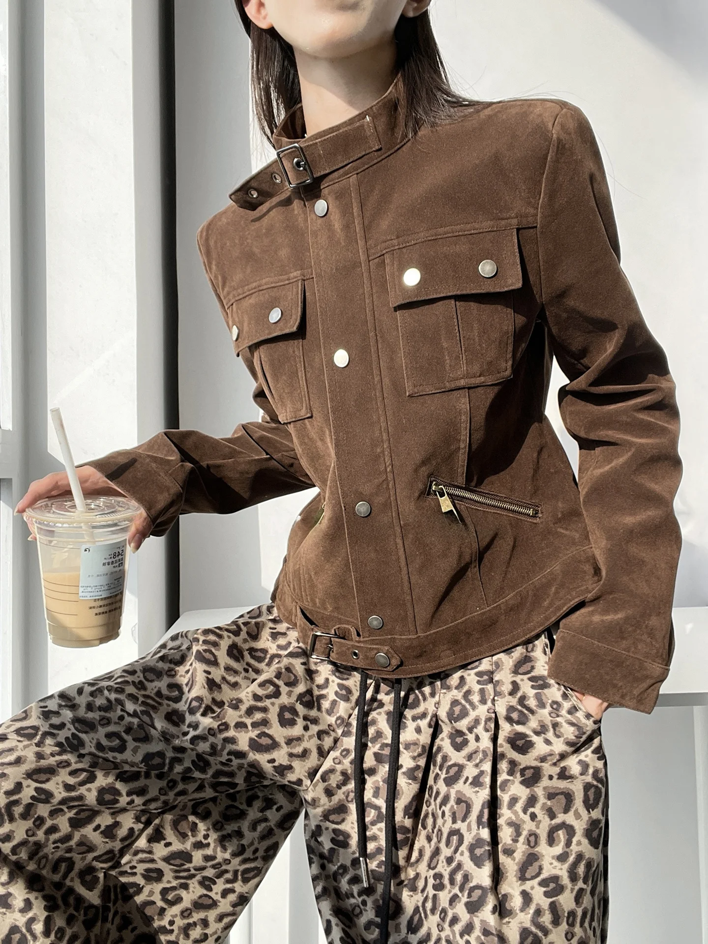 American Style Suede Jacket Women's Slim Fit Shirt Collar Short Top Coat CleanFit Spring Ladies Fashion Polyester Blend