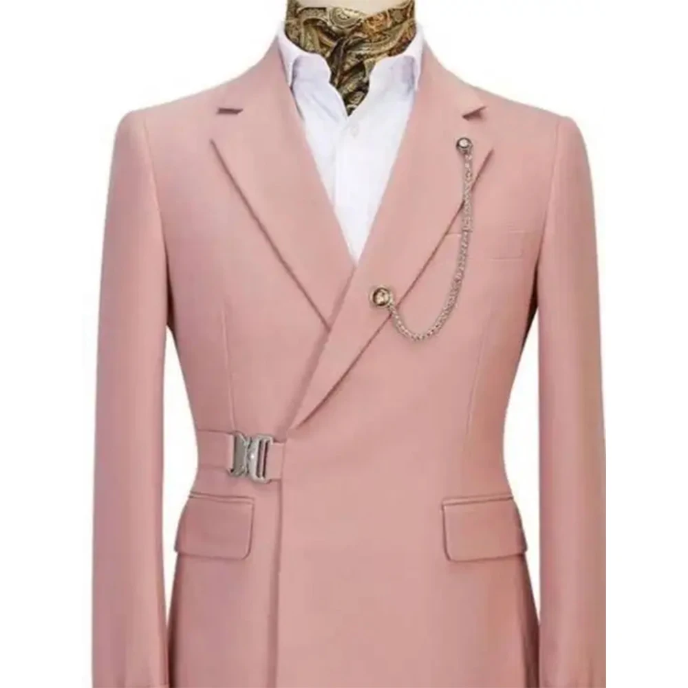 Fashion Design Tailored Pink Suits Waist Belt Buckle Tailor-Made Suits For Men Smart Custom Made Men Suit Set Slim Fit Suits Men