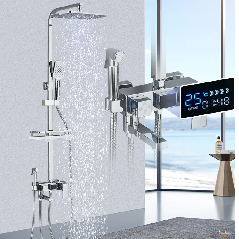 

Черный термостат, смеситель для душа, 4-ходовой смеситель для ванной комнаты, смеситель для дождя, цифровой дисплей, душевой набор, система для полной ванной комнаты