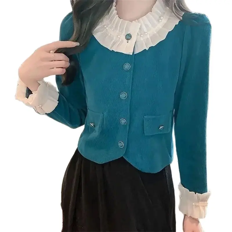 

Spring Summer Lace Shirt Women 2024 New Fashion Round Collar Tops Pure Colour Short Single-Breasted Cardigan Top Blouse Female