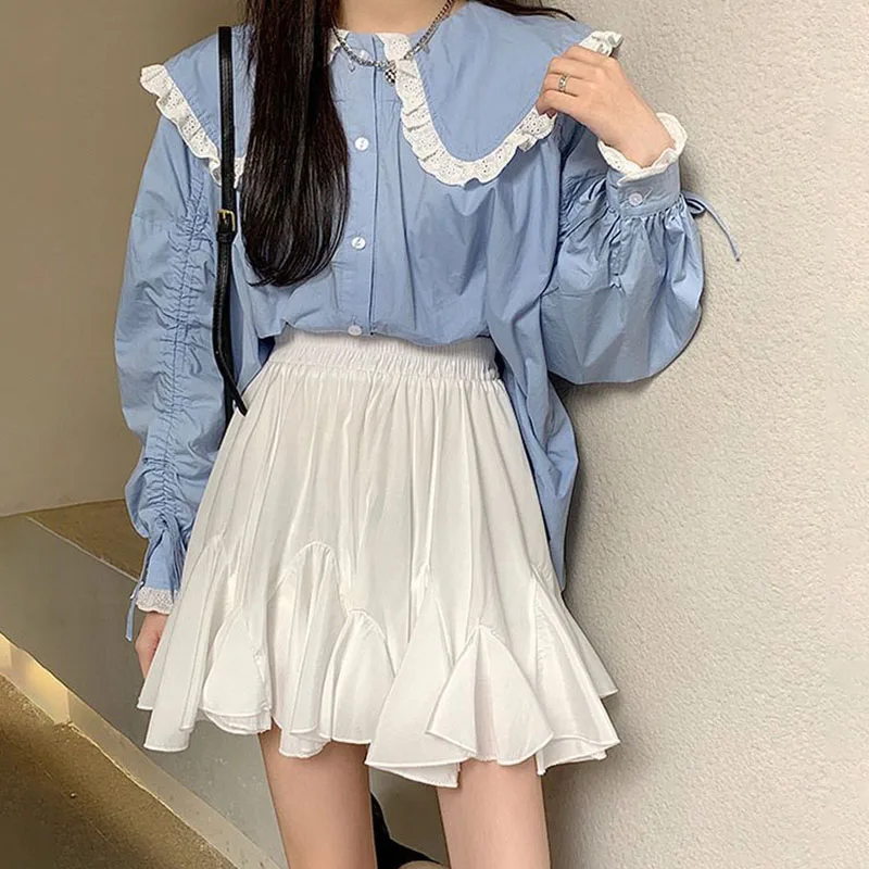 

Sweet Fluffy Skirt Thin Fabric Irregular Hem Design Women High Waisted A-line Skirt Built in Shorts Preppy Style Korean Fashion