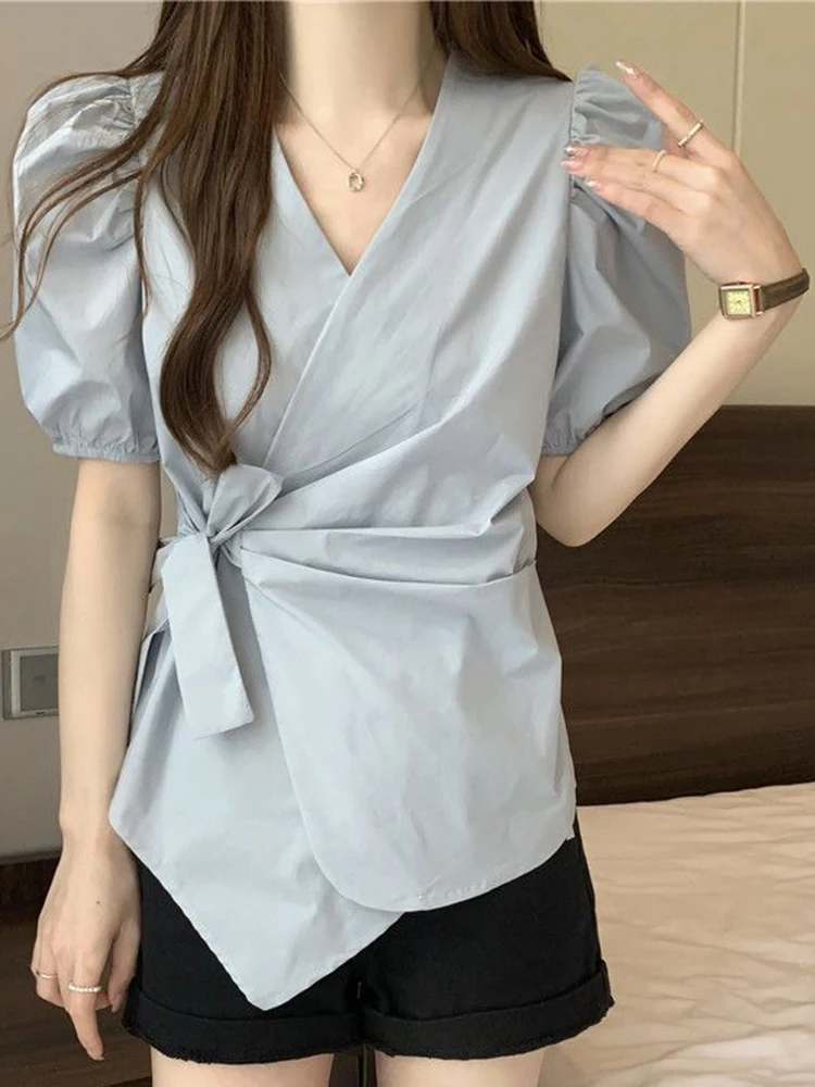 

Elegant Slim Lace Up Shirt Women Summer Irregular Fashion Sweet Puffy Sleeve Chic Blouse Korean Casual V Neck Lady Shirts New