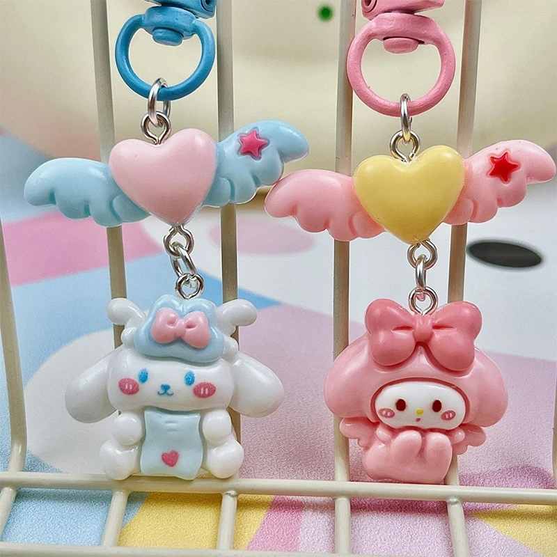 Lovely Cartoon Sanrio Keychain Cute Angel Anime Keyring Kawaii Kuromi Melody Hello Kitty Key Holder School Bag Pendant Decor