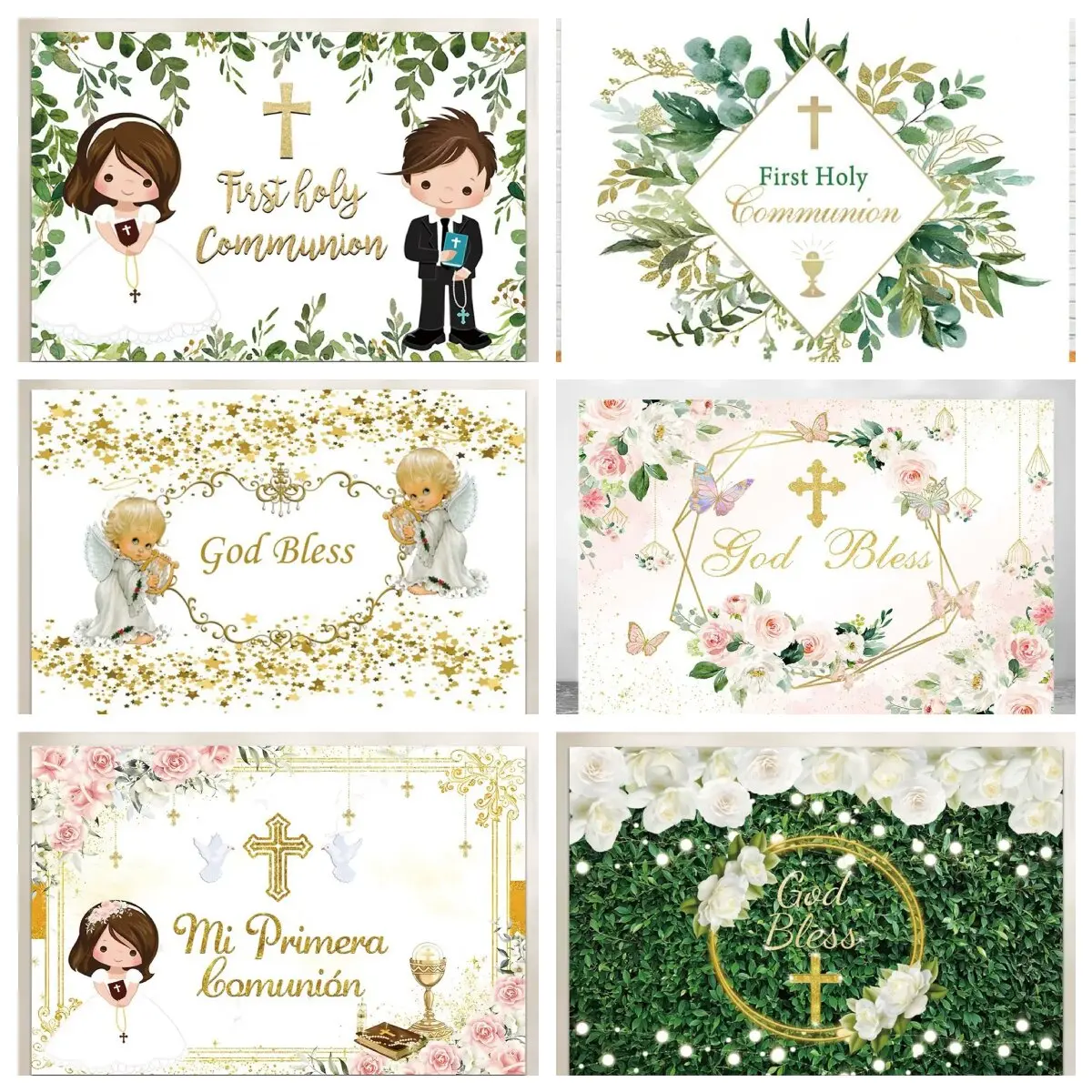 Boy Girl First Communion Photography Backdrop Gold Cross Grail God Bless Photo Background Baptism Christening Banner Decor Props