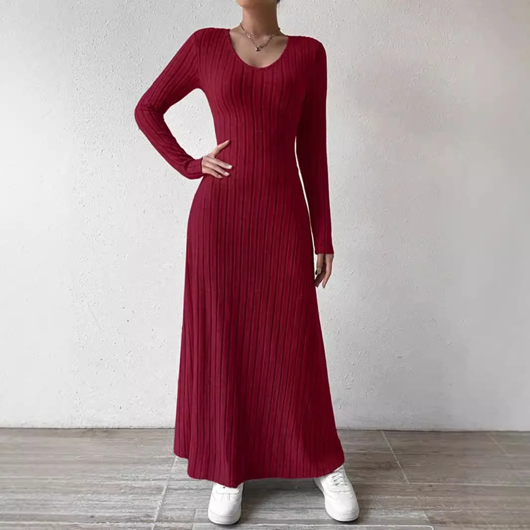 

Fashion slim a-line Maxi Dress for Women autumn winter Solid V-neck Bodycon Dress long sleeve elastic Knitted wedding Dresses