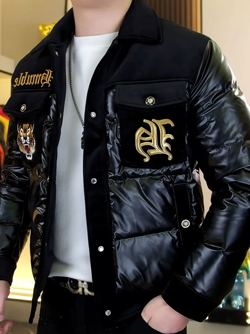 

Новая мужская приталенная белая пуховая куртка 2026 года с объемной вышивкой и пэчворком, модная теплая верхняя одежда