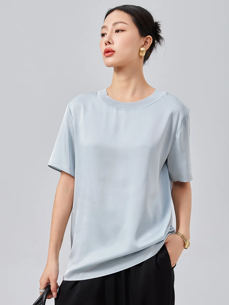 

Birdsky, Summer 1PC Women short sleeve Tee T shirts blouses Top rib neck 90% mulberry silk 10% spandex solid colors. S-519