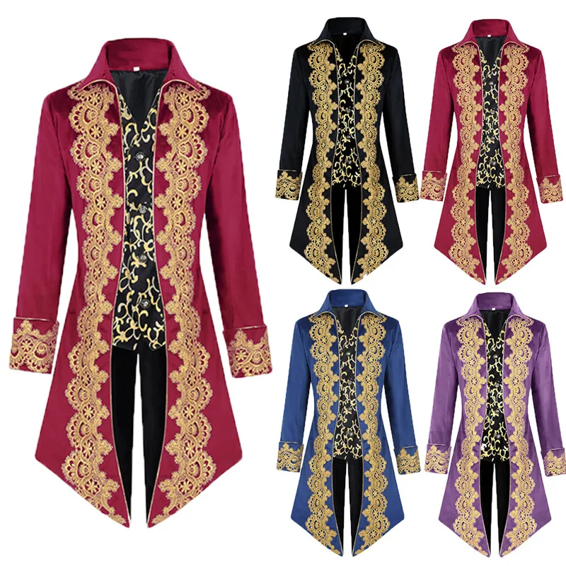 

Новый синий кружевной смокинг 2025 года для мужчин, европейско-американский средневековый винтажный мужской фрак, костюм для выступлений в стиле панк средней длины