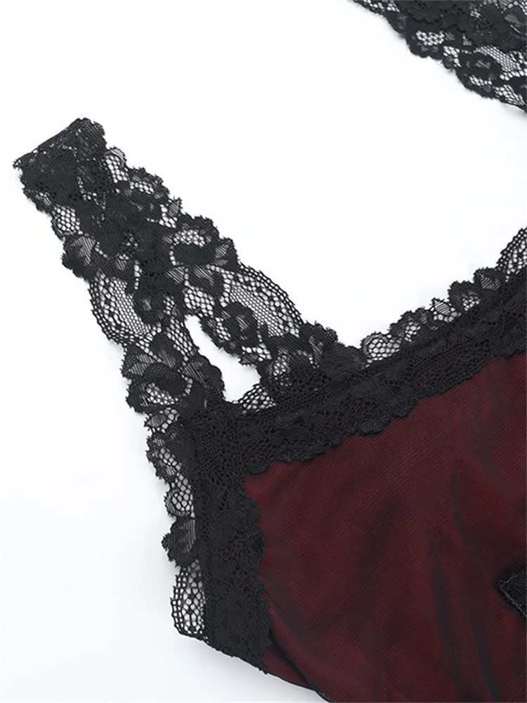 Vestido feminino vintage gótico vermelho escuro, design cruzado, 2 camadas, elegante, estética, fada, grunge, sexy, vazado, sem mangas, halter