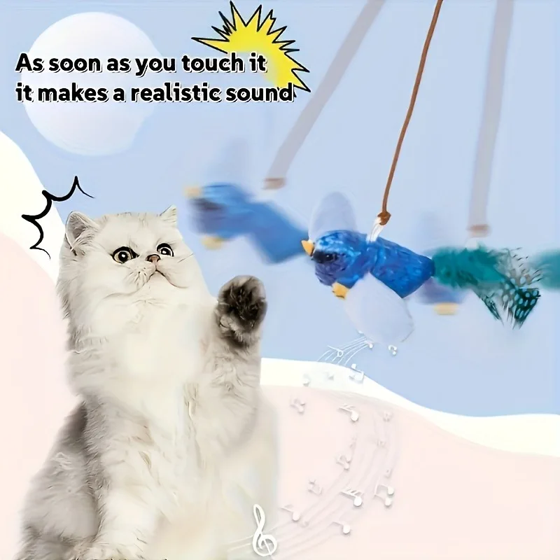 Interactive Plush Bird Teaser Toy for Cats Realistic Chirping Sound Artificial Fluffy Feather Sticks Player Gaming Hunting Fun