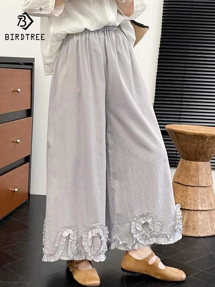New 2026 Summer Women Cotton Trousers, Elastic Waist 3D Ruffles, Mori Girl Fashion Sweet Age Reduction Straight Pants B64725CC