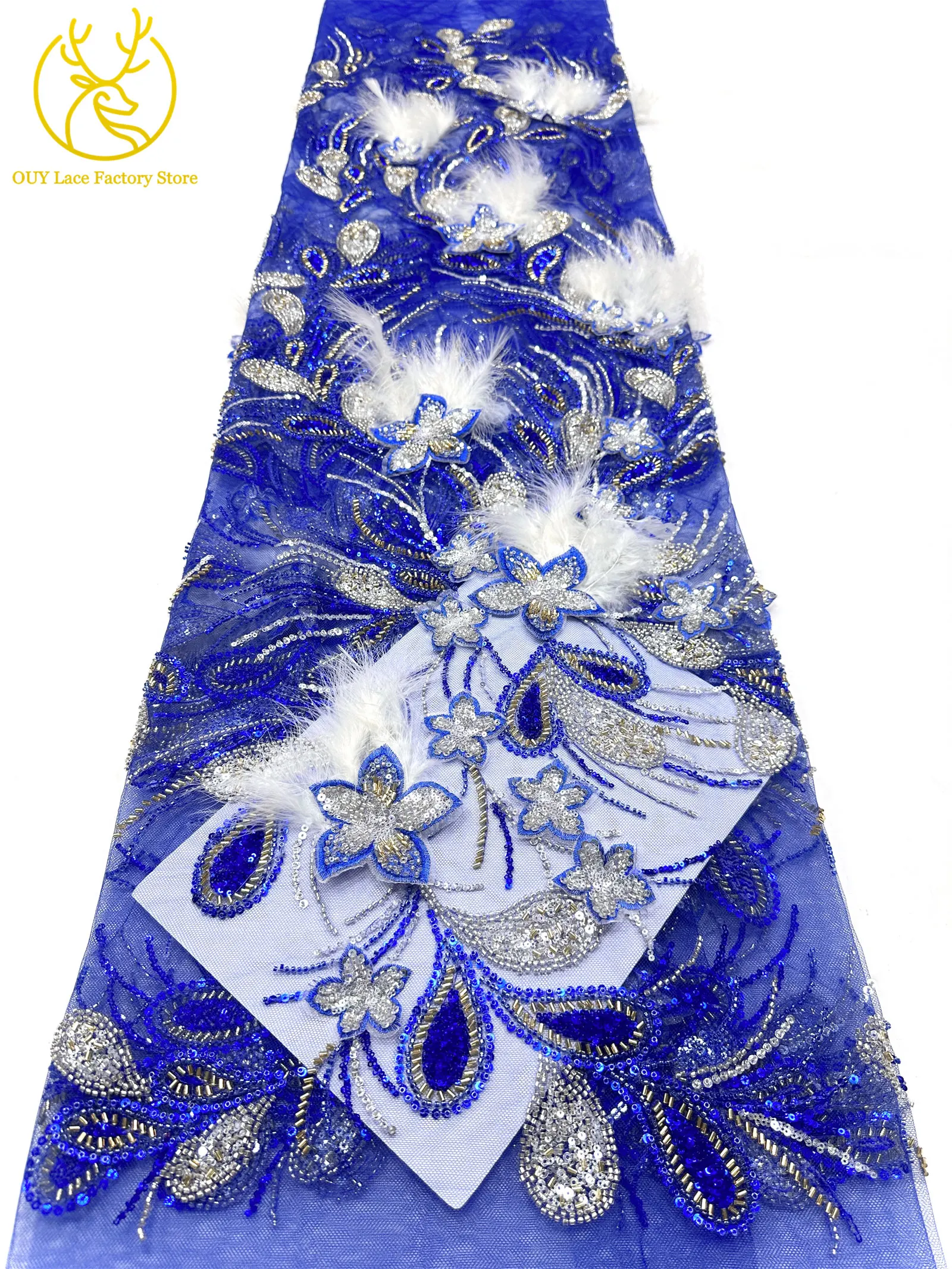 Neues Design Afrikanischer Spitzenstoff mit Pailletten, Perlen, Mesh-Spitze, luxuriöse 3D-Feder-Stickerei, Tüll-Spitzenstoff zum Nähen von Brautkleidern – Detail 14