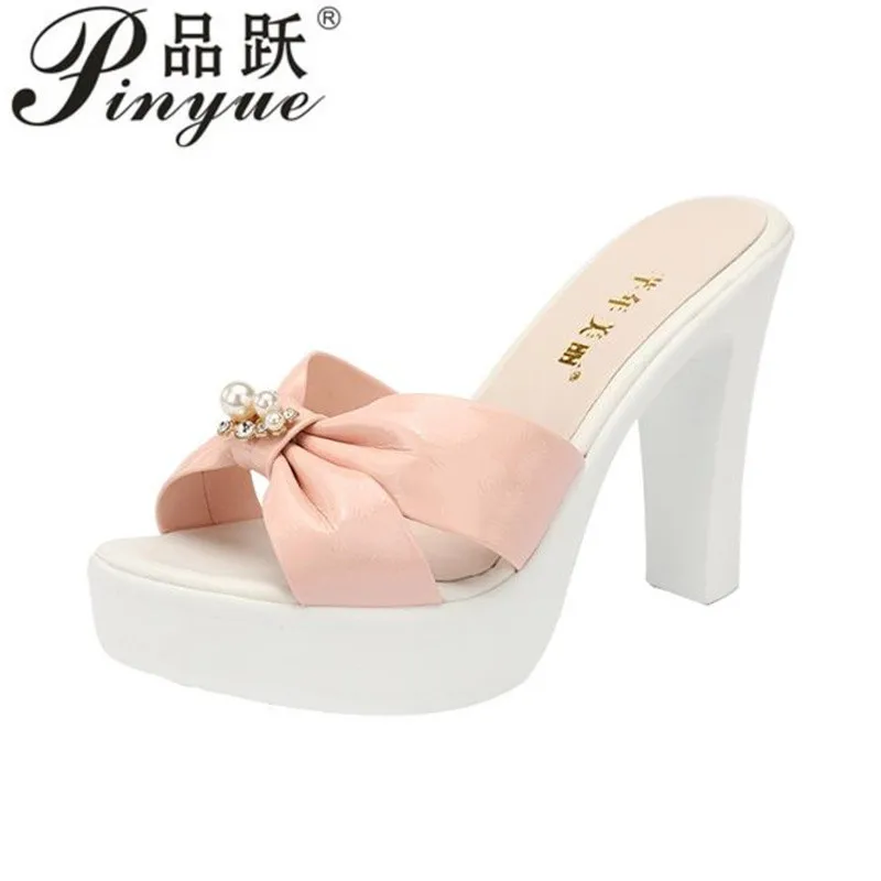 

11cm Strap Bow Block High Heels Shoes Women Slippers Summer Thick Sole Platform Slides for Office Model Wedding sandal 32-43