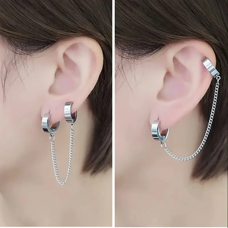 1 Pair Stainless Steel Ear Cuff Chain Earrings for Men Women Helix Cartilage Wrap Clip On Earring Non-Piercing Ear Jewelry