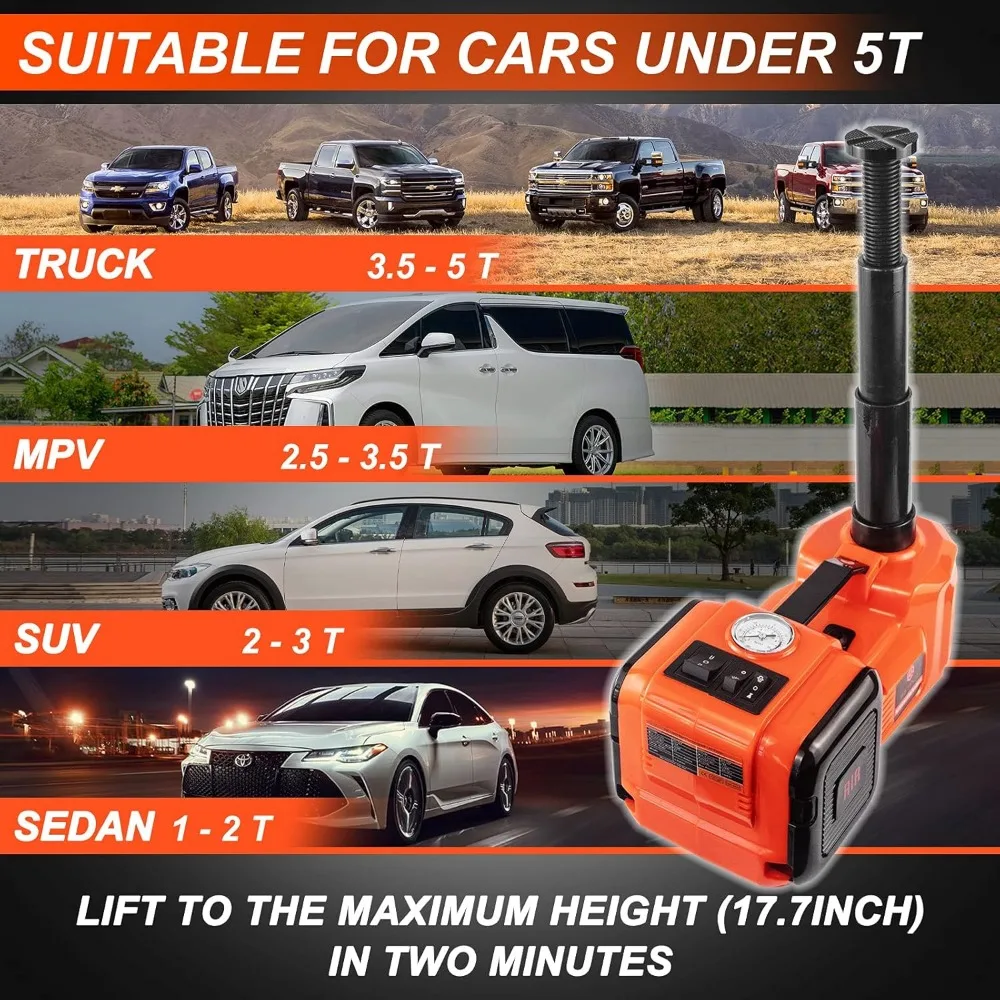 12V Electric Car Jack Kit - 5 Ton Capacity with 6.1-17.7 Inch Lifting Range and Impact Wrench for SUVs