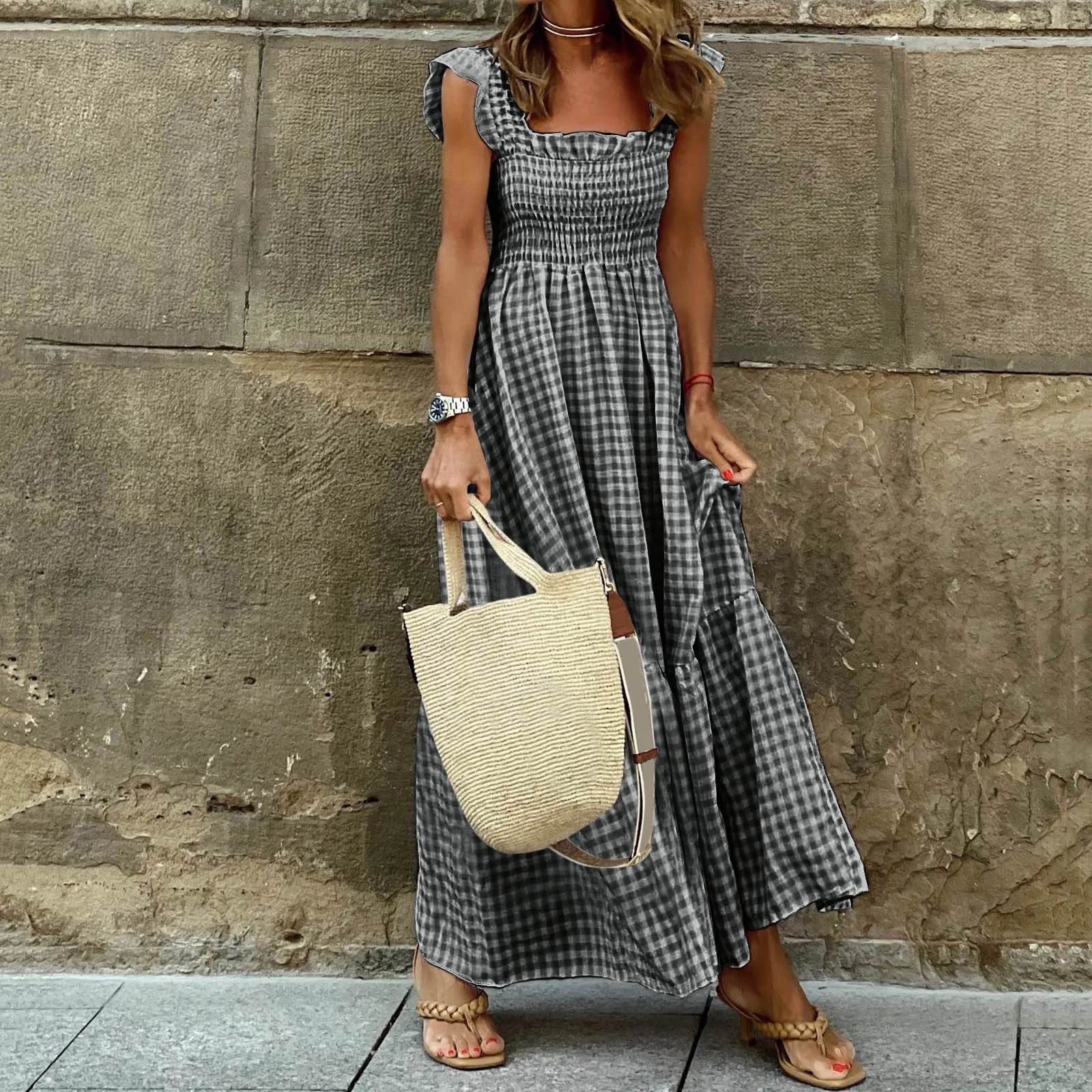 

2024 Summer Sleeveless Maxi Dress Holiday Plaid Women Elegant Ruffled Straps Dress Square Neck Vestido Fashion Long Robe