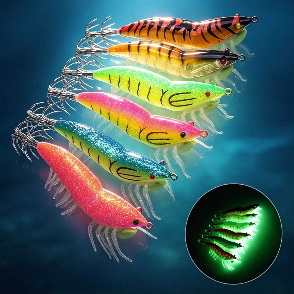 10Pcs Luminous Wood Shrimp Lures, Simulated Soft Foot Shrimp Bait with Double Layer Squid Hooks,  Saltwater Sea Fishing Tackle