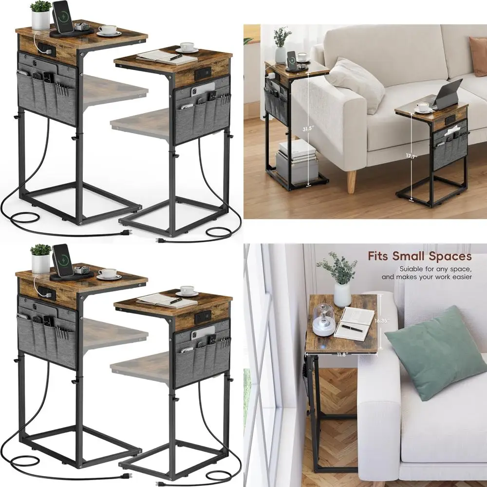 

Набор из 2-х C-образных приставных столиков с зарядной станцией, регулируемой высотой, подходит для гостиной, спальни, дивана, коричневый