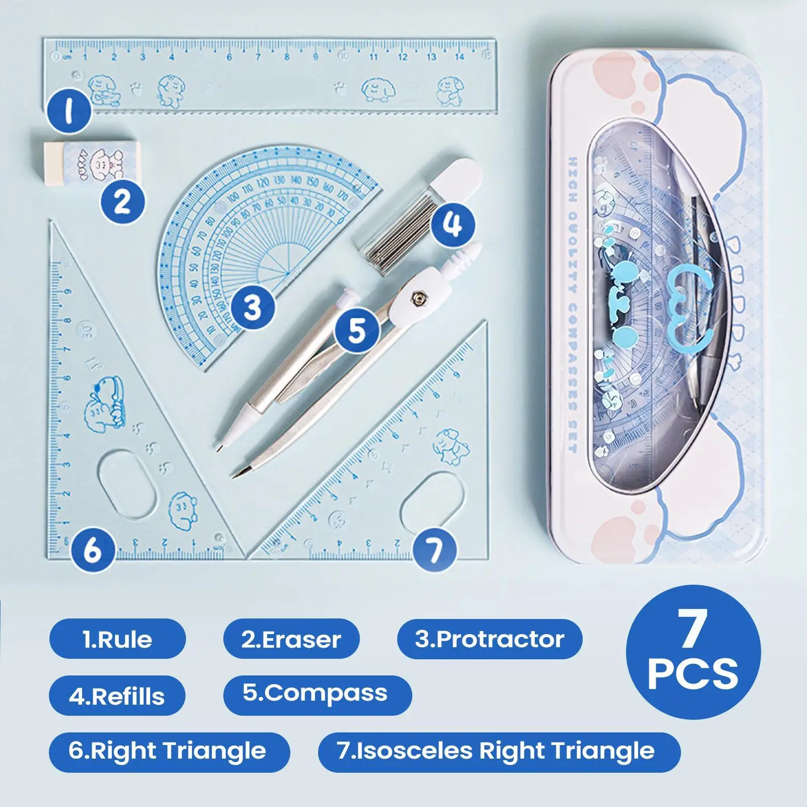 Geometry Set for School 7 Pieces Protractor Eraser Ruler with Metal Box Ruler Protractor Set for School College Highschool