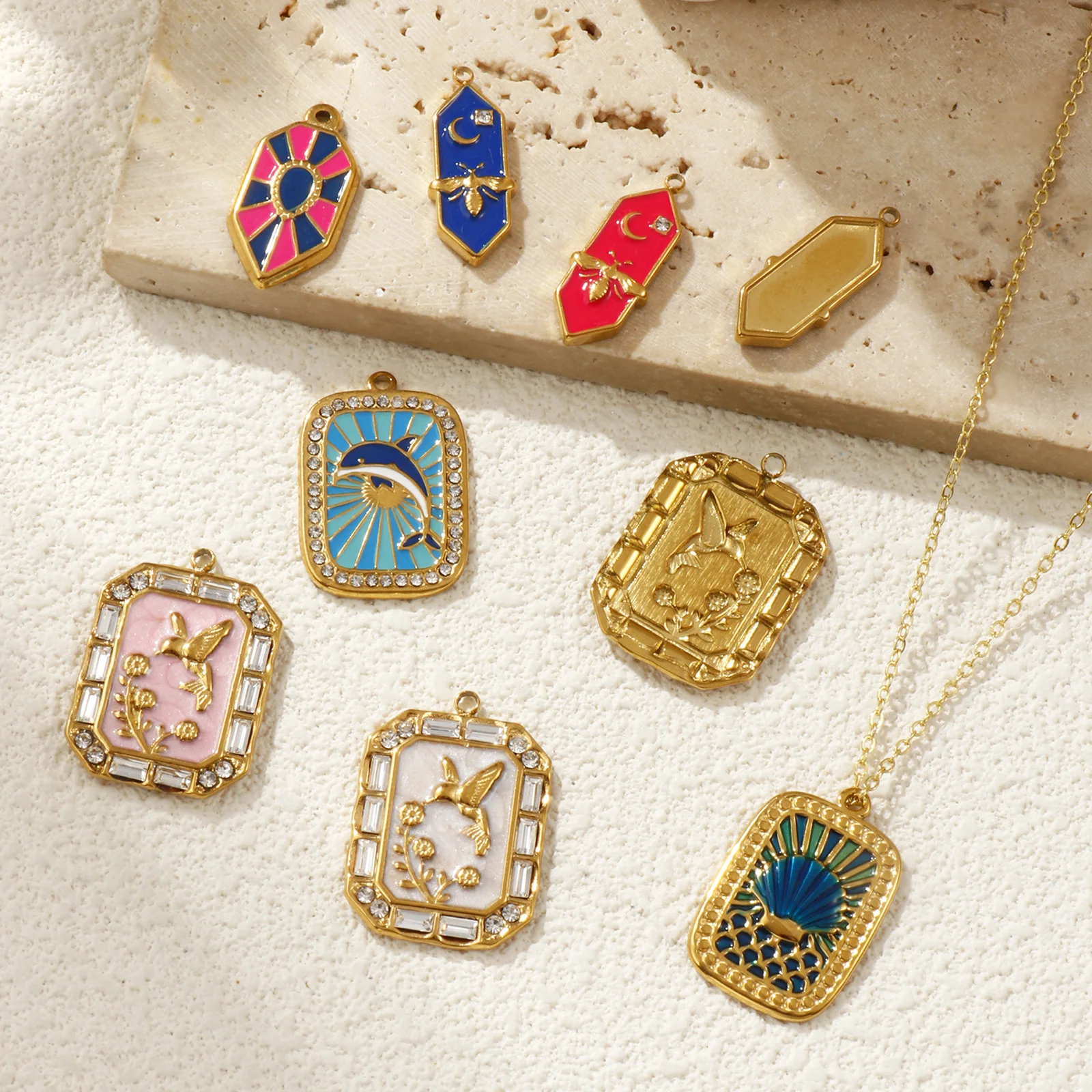 1 Piece 304 Stainless Steel Charms 18K Gold Plated Enamel Octagon Hexagon Shape Dolphin Hummingbird Bee Pendant Necklace DIY