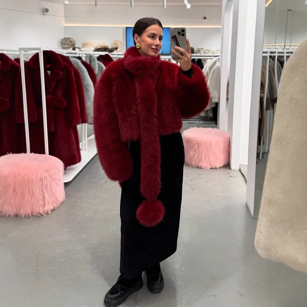 Faux Fur Women Coats Solid Short Jackets Round Neck Long Sleeves Thick Straight Loose Fit Casual Office Lady Autumn Winter 2025