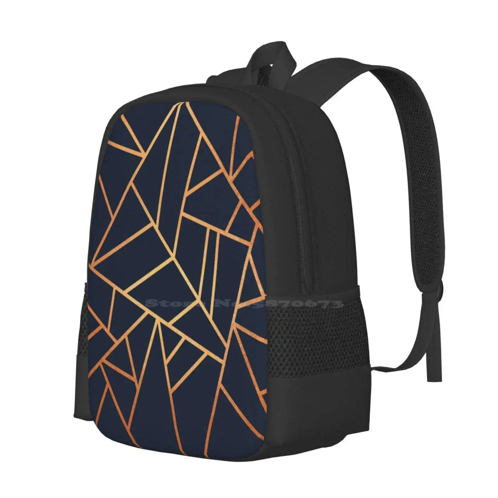 Mochilas escolares de viaje con diseño de patrón azul marino de cobre y medianoche, patrón gráfico de líneas abstractas, mosaico de geometría moderna