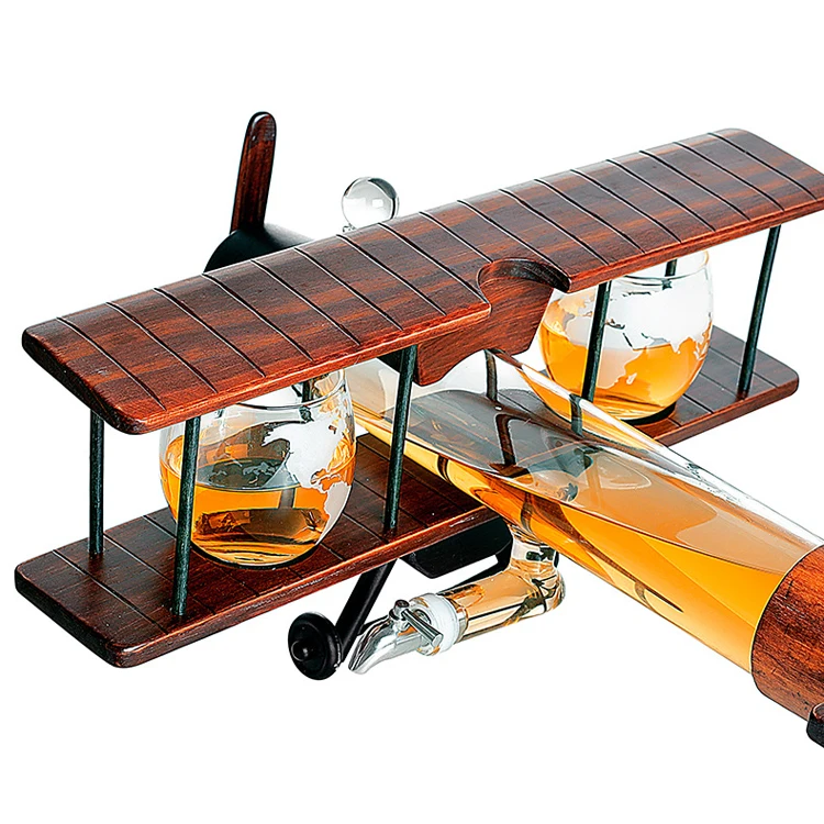 21inch Home Bar Decor Good Gift Antique 2 glasses Wood Airplane Set Whisky Decanter