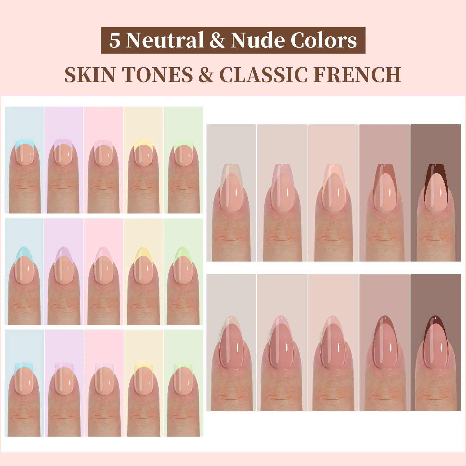 150pcs/5 Colors Mixed Fake Nails Set French Design Press on Nail Tips DIY False Nail Art Short Decorated Nails Nude Color Nail